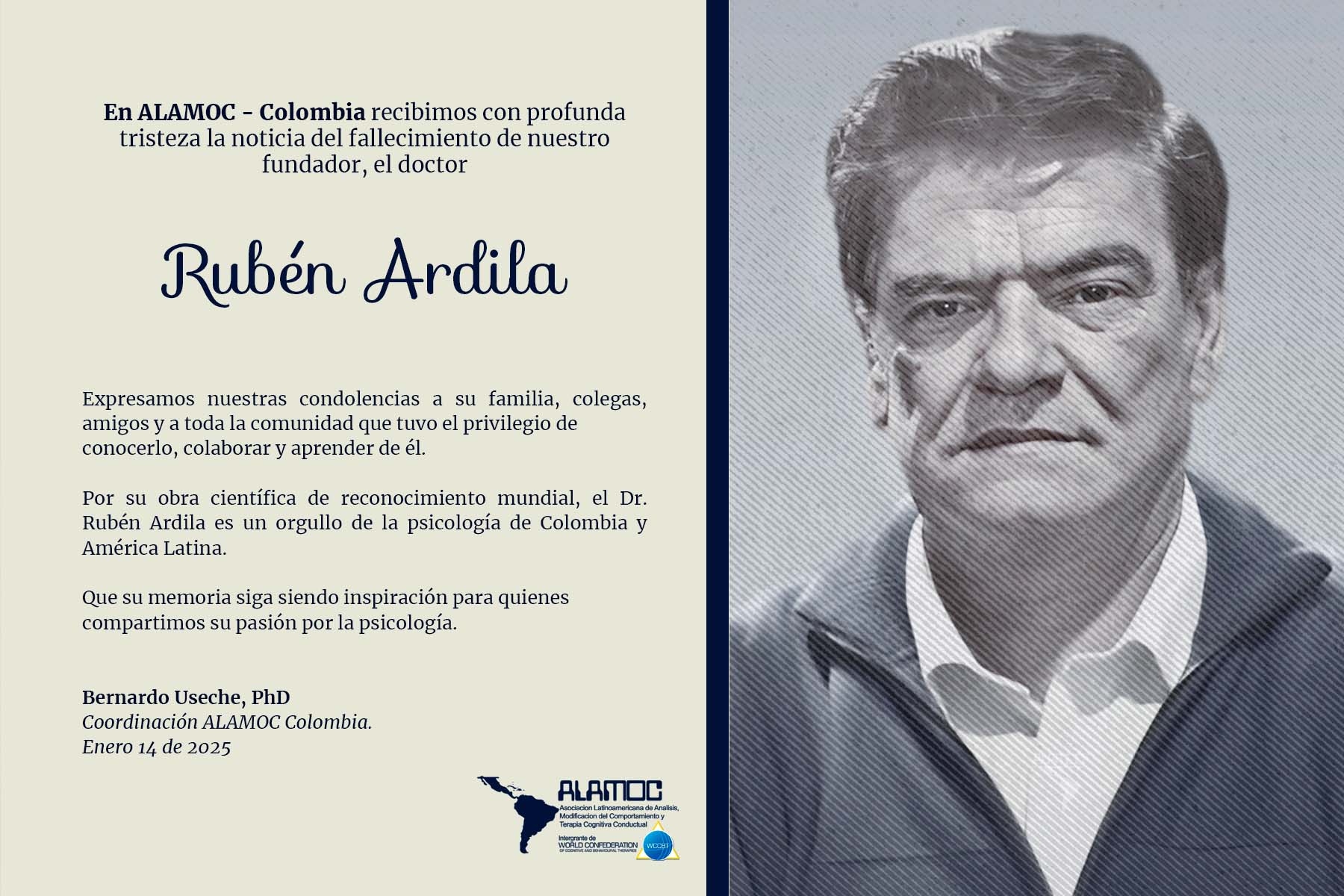 Tarjeta de pésame de ALMOC por fallecimiento de Rubén Ardila