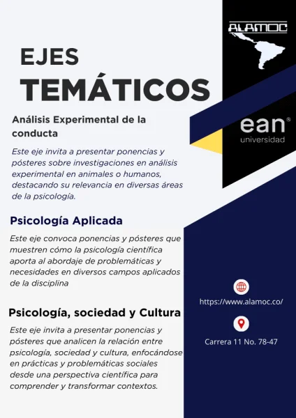 Ejes temáticos del Encuentro Nacional de Semilleros ALAMOC Afiche informativo con los ejes temáticos del Encuentro Nacional de Semilleros ALAMOC en la Universidad EAN.
