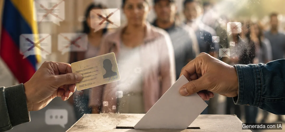 Manos depositan un voto mientras ciudadanos esperan durante la jornada electoral en Colombia.